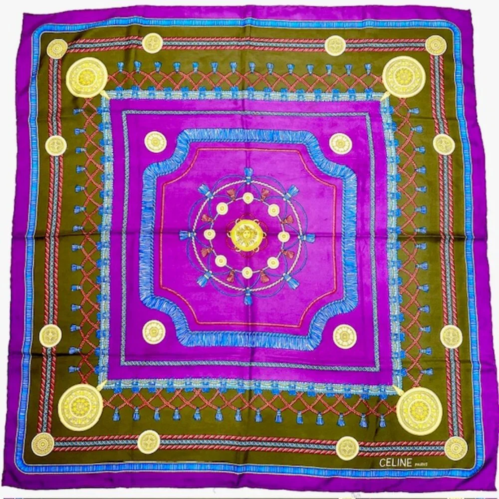 Vgt Celine Paris 100% Silk Scarf Satin 32" purple blue olive red twine tassel(44 - Picture 12 of 15